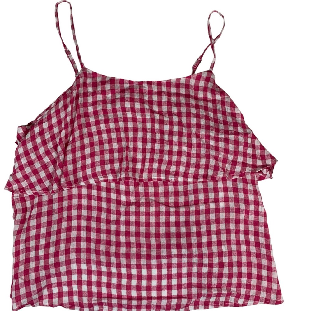 Abound Women's Top Size Large Gingham Ruffle Magenta Check Rayon NWT